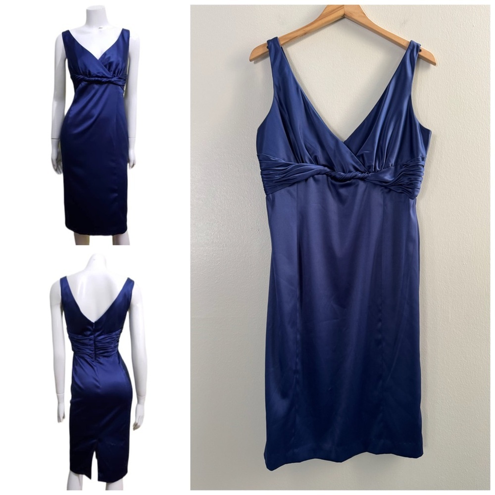 Jones Wear Navy Blue Satin Sleeveless V-Neck Evening Formal Party Dress Women 14